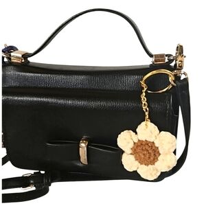 Hand Crafted Hand Knit Chrochet floral gold 4" Keychain flower baige and brown